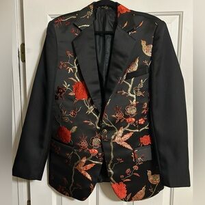 Black Size Large Men's Floral/Bird Print One Button Party Stylish Blazer.